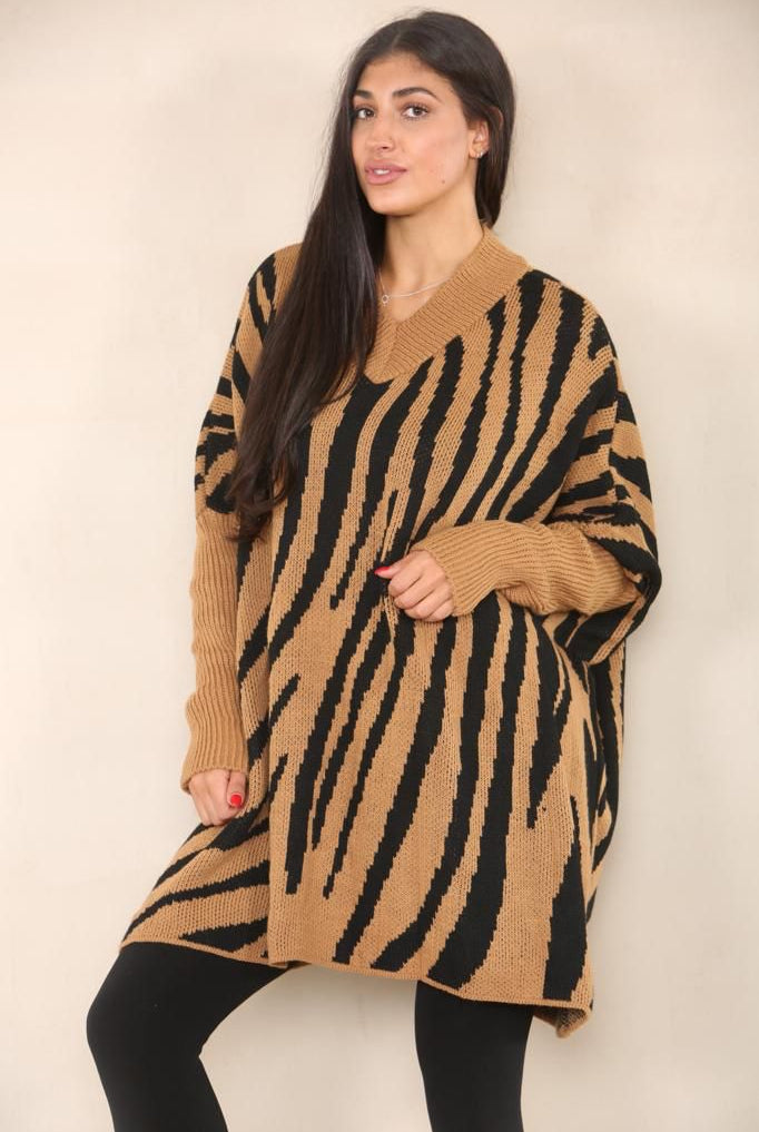 Oversized Zebra Print Jumper Top Shirts WearAll Camel 12-24