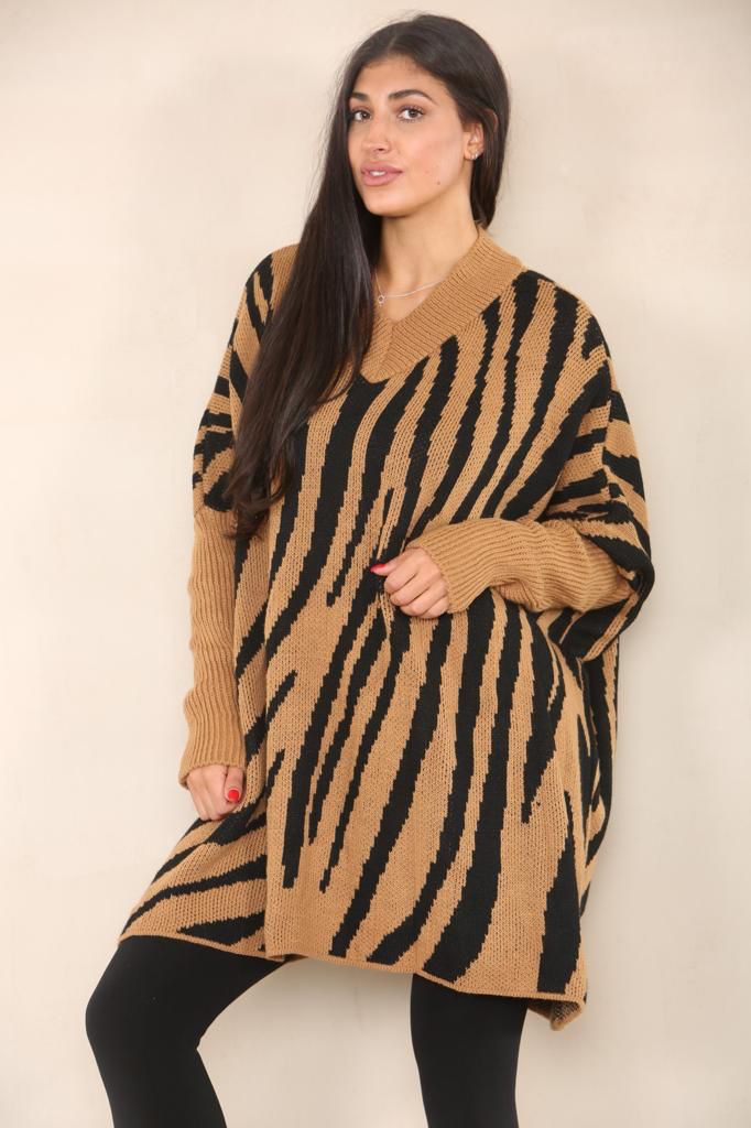 Oversized Zebra Print Jumper Top Shirts WearAll Camel 12-24