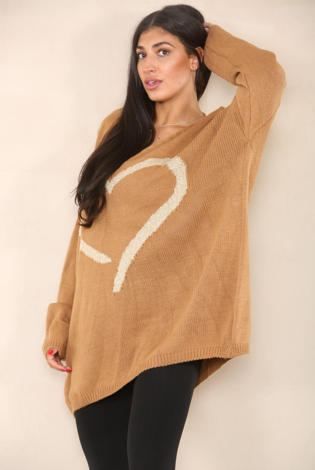 Oversized Heart Print Jumper Top Shirts WearAll Camel 12-24