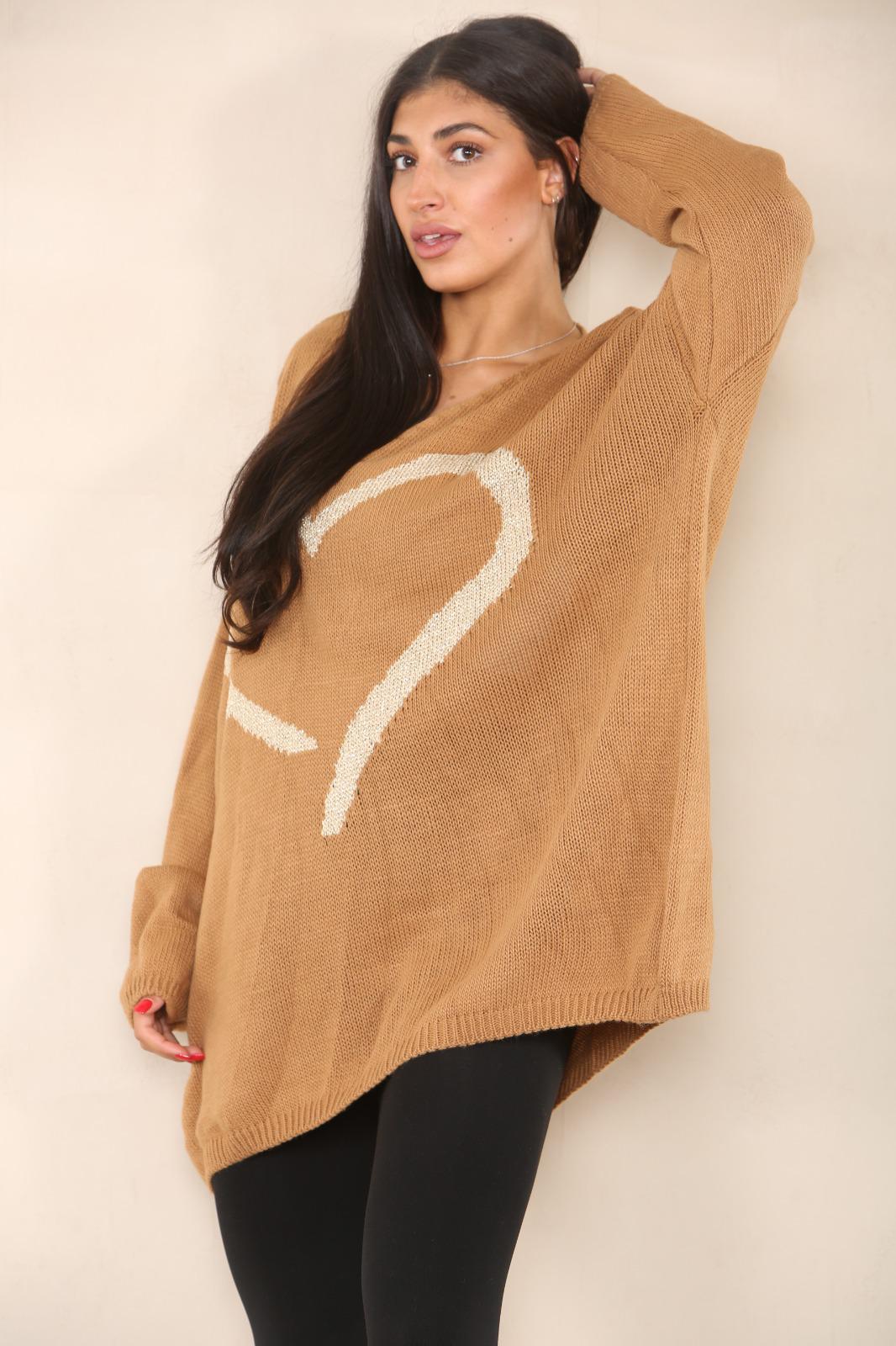 Oversized Heart Print Jumper Top Shirts WearAll Camel 12-24
