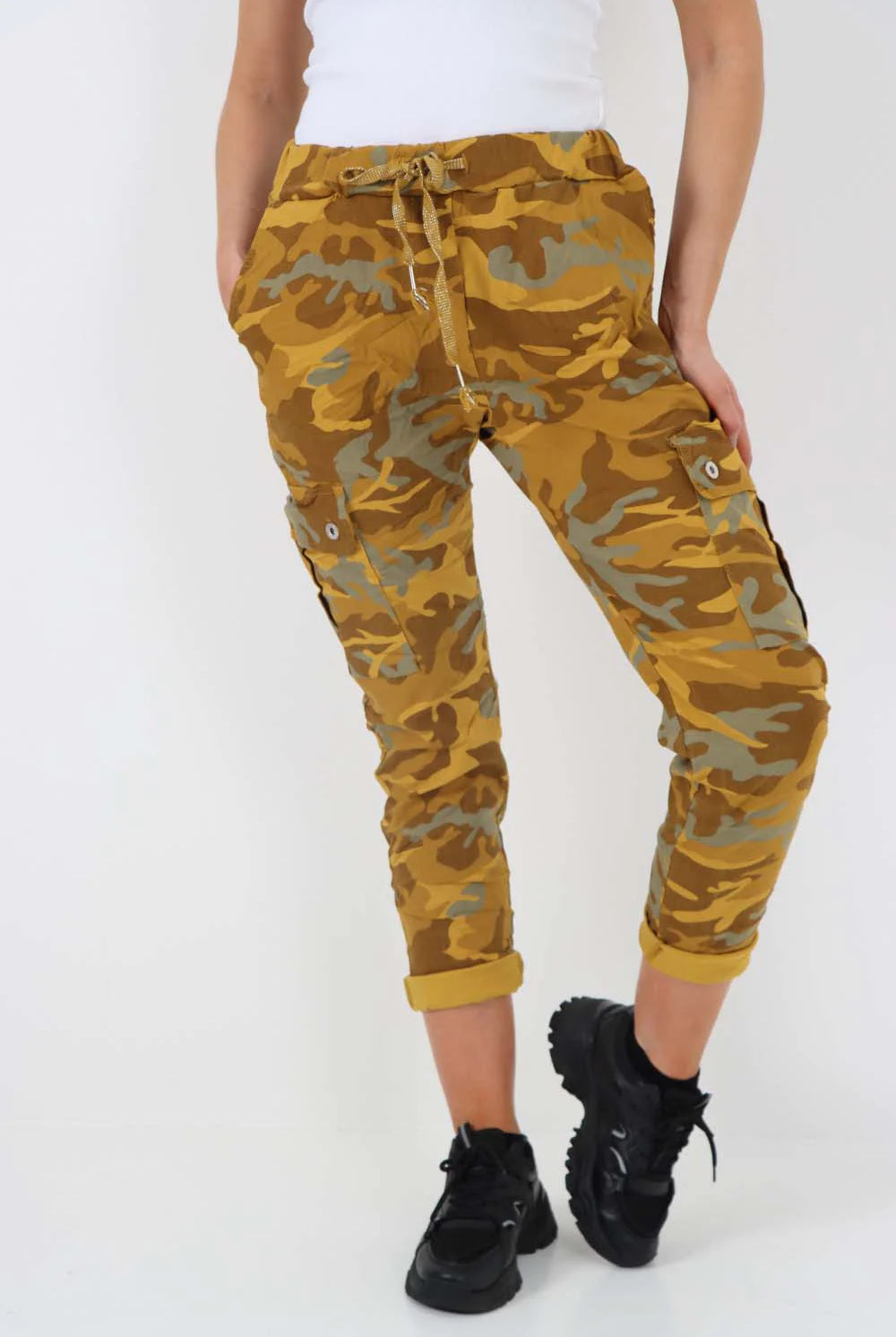 Plus Size Italian Drawstring Camo Side Pockets Cargo Trousers Trouser WearAll