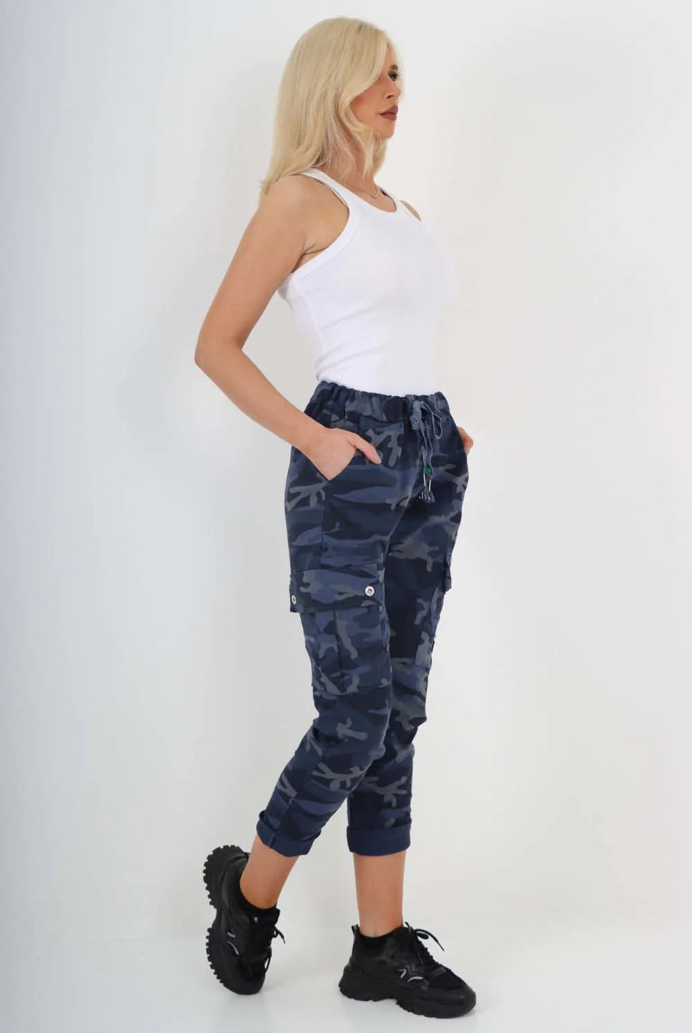 Plus Size Italian Drawstring Camo Side Pockets Cargo Trousers Trouser WearAll