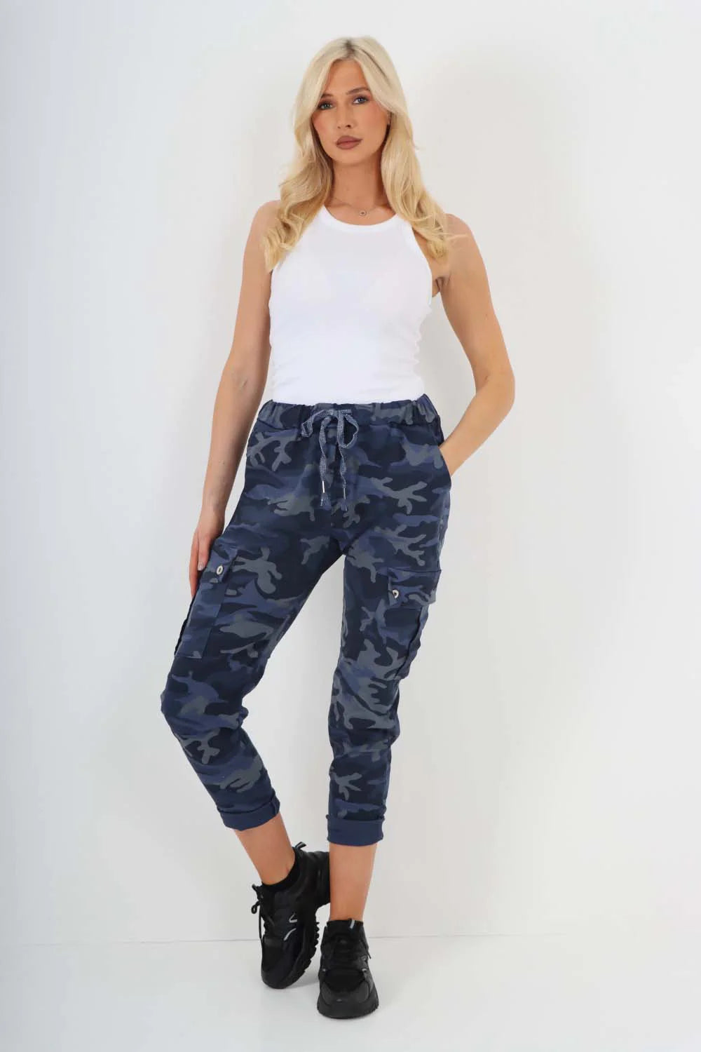 Plus Size Italian Drawstring Camo Side Pockets Cargo Trousers Trouser WearAll Navy Blue 16