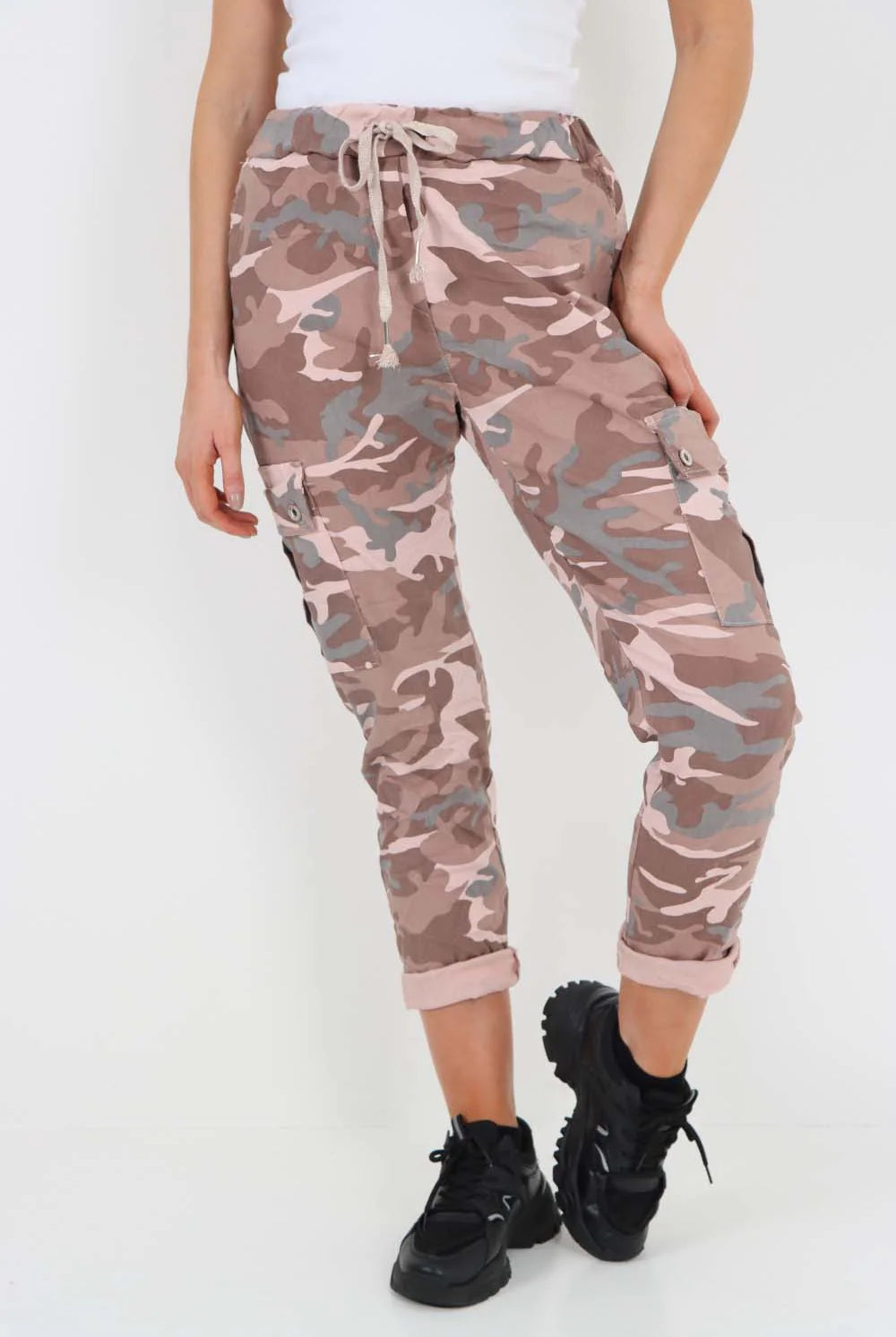 Plus Size Italian Drawstring Camo Side Pockets Cargo Trousers Trouser WearAll