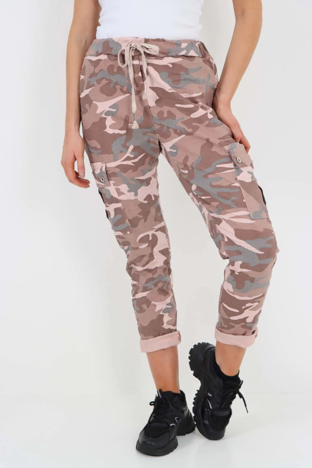 Plus Size Italian Drawstring Camo Side Pockets Cargo Trousers Trouser WearAll