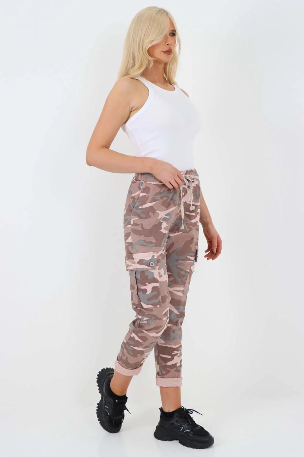 Plus Size Italian Drawstring Camo Side Pockets Cargo Trousers Trouser WearAll