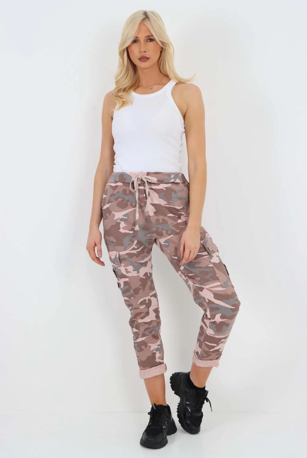 Plus Size Italian Drawstring Camo Side Pockets Cargo Trousers Trouser WearAll Pink 16