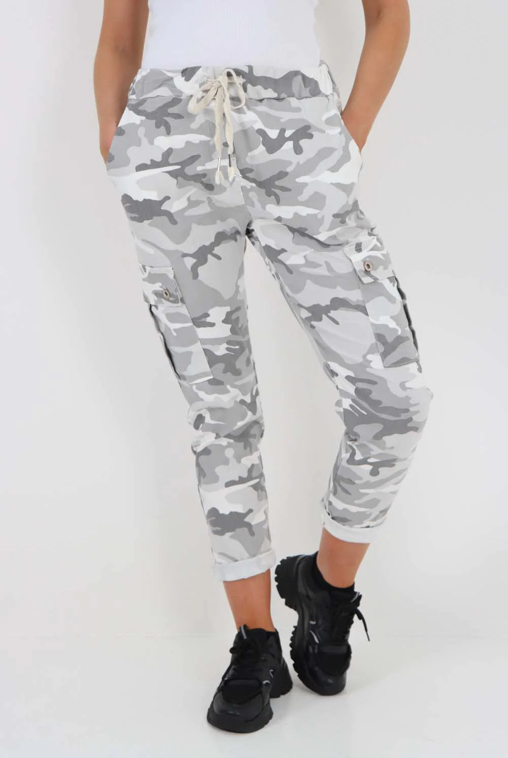 Plus Size Italian Drawstring Camo Side Pockets Cargo Trousers Trouser WearAll