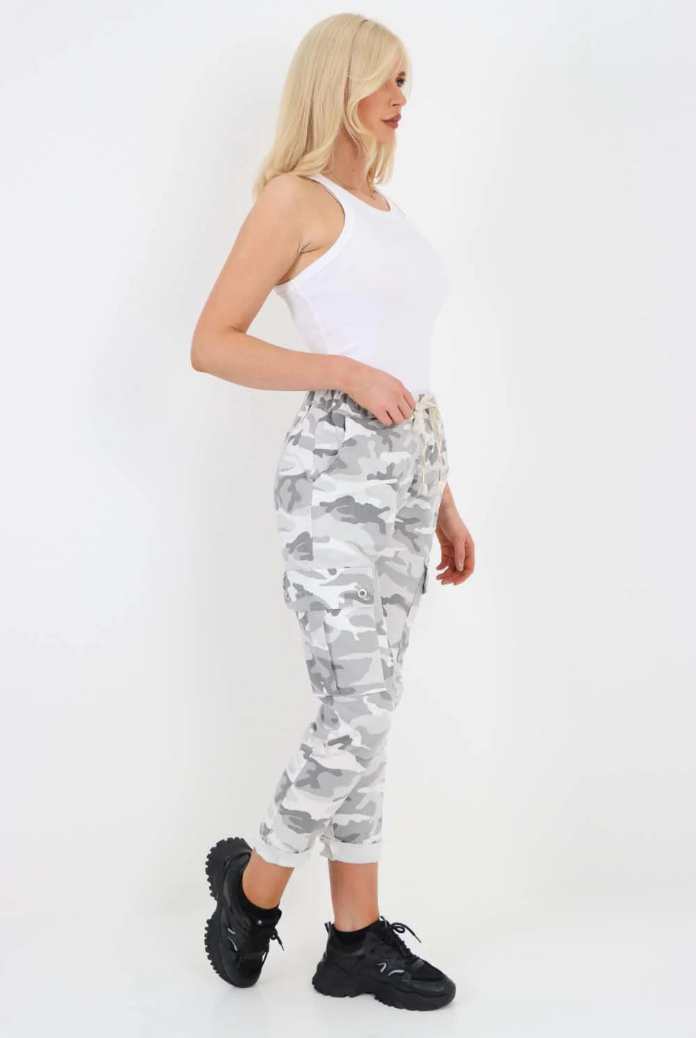Plus Size Italian Drawstring Camo Side Pockets Cargo Trousers Trouser WearAll