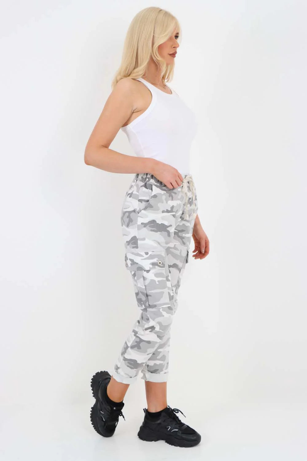 Plus Size Italian Drawstring Camo Side Pockets Cargo Trousers Trouser WearAll