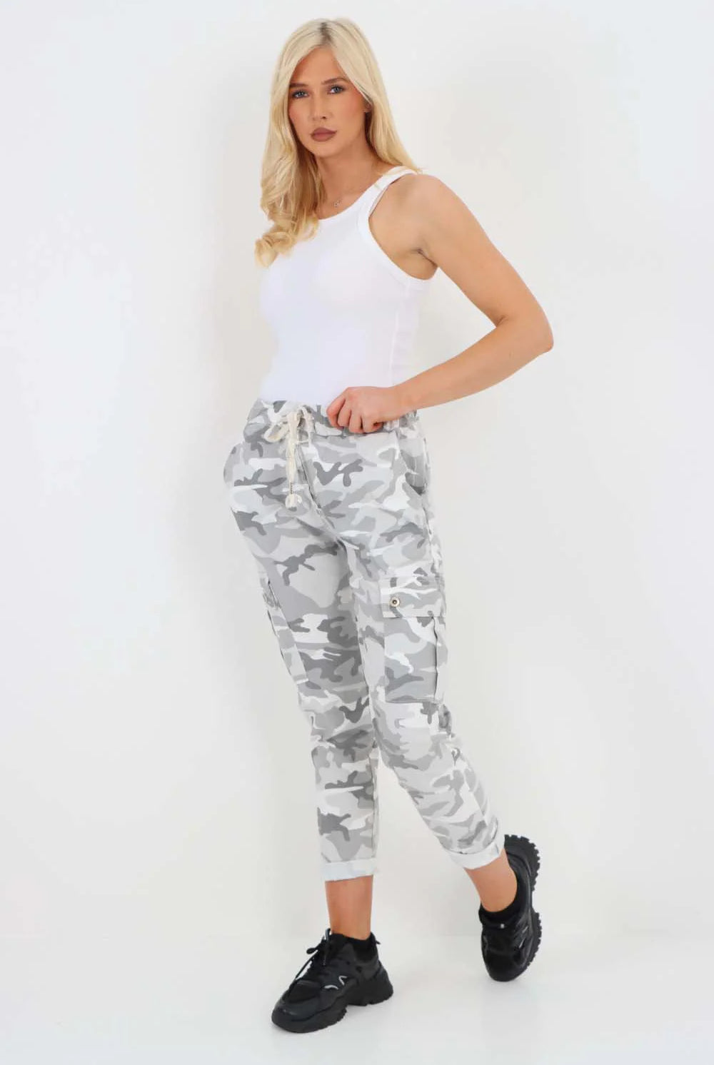 Plus Size Italian Drawstring Camo Side Pockets Cargo Trousers Trouser WearAll