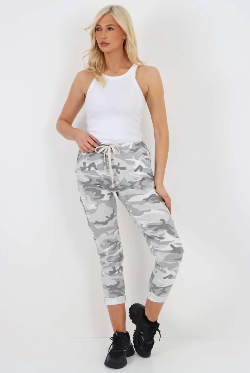 Plus Size Italian Drawstring Camo Side Pockets Trousers Trouser WearAll White 16