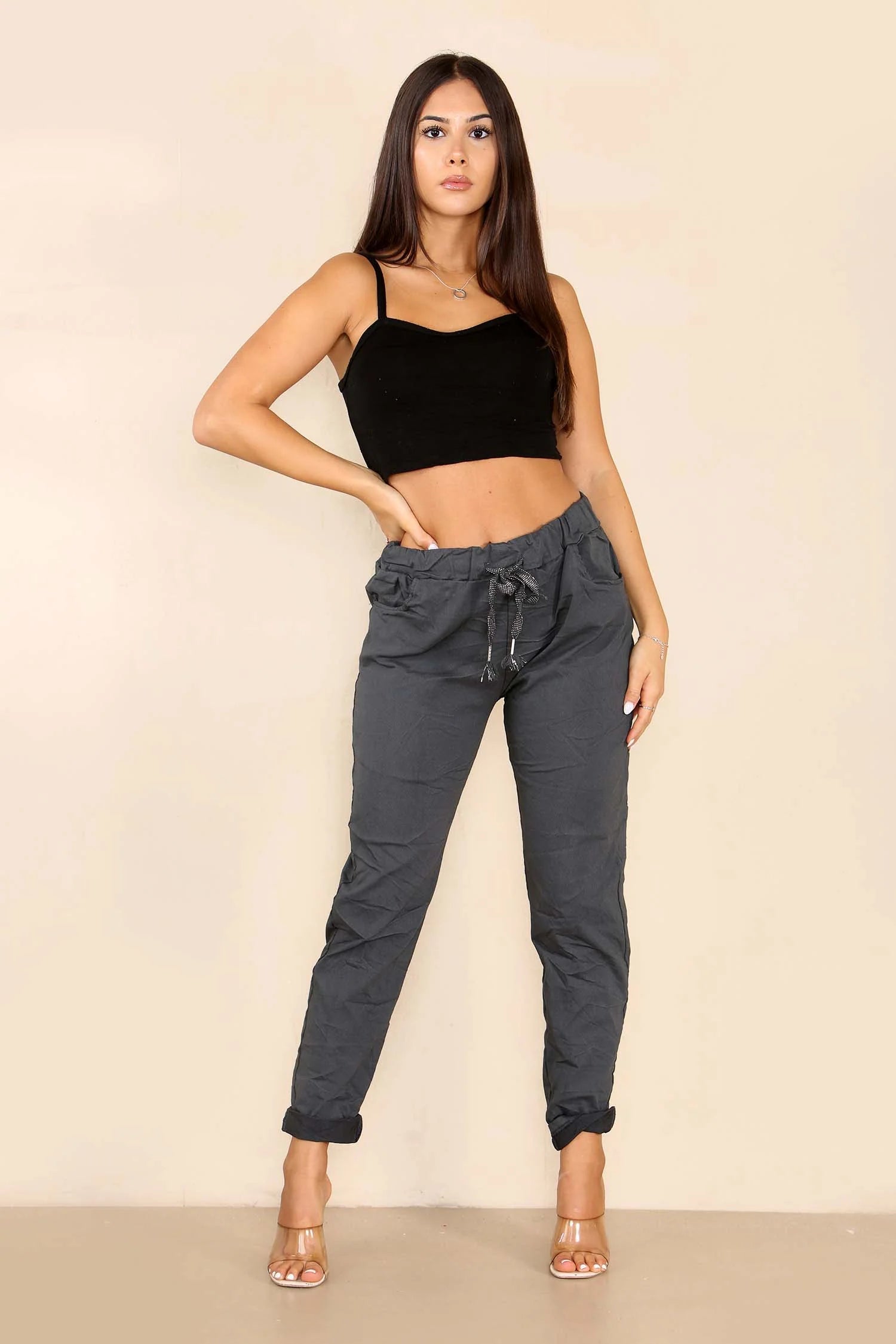 Italian Glitter Drawstring Waistband Magic Pants Trouser WearAll Charcoal 8