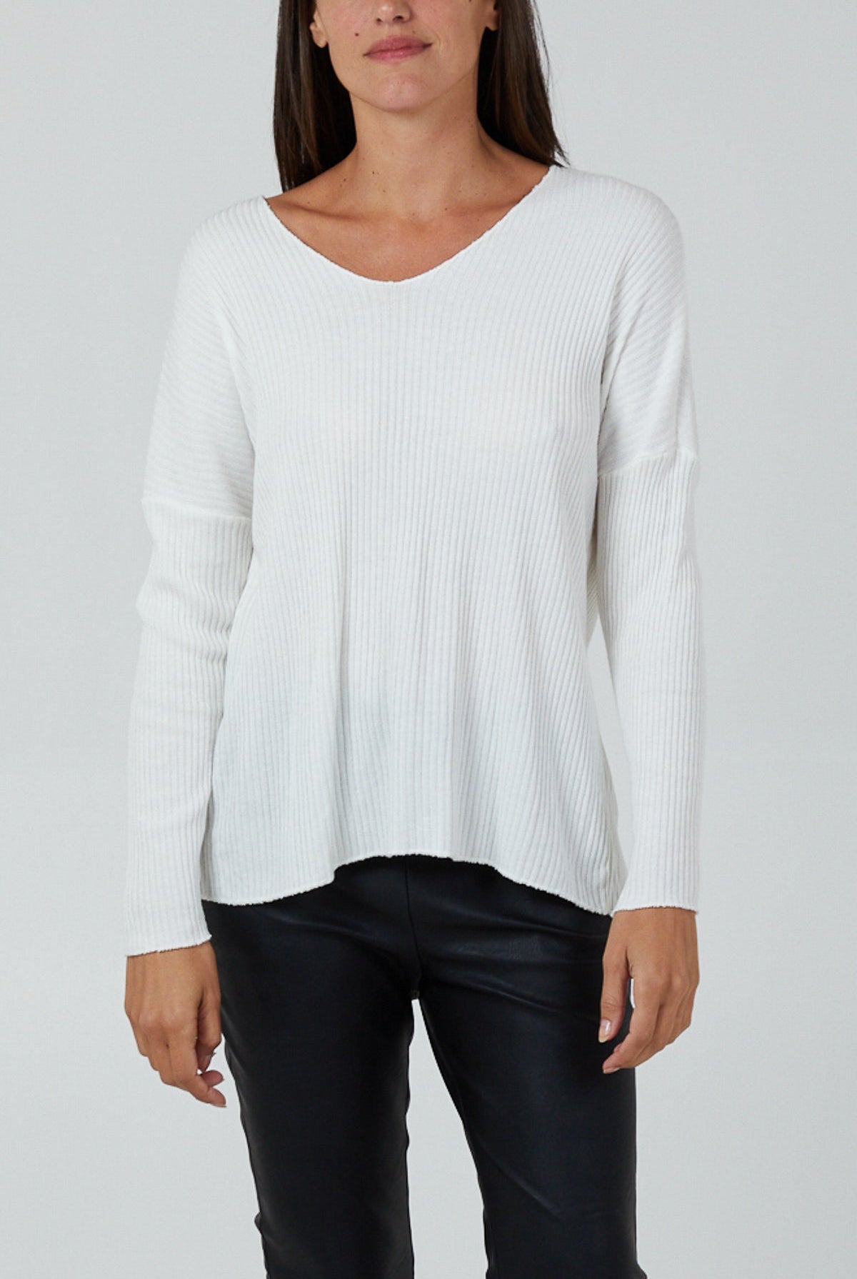 Wool Blend V-Neck Ribbed Fitted Jumper JMF1 WearAll White One Size