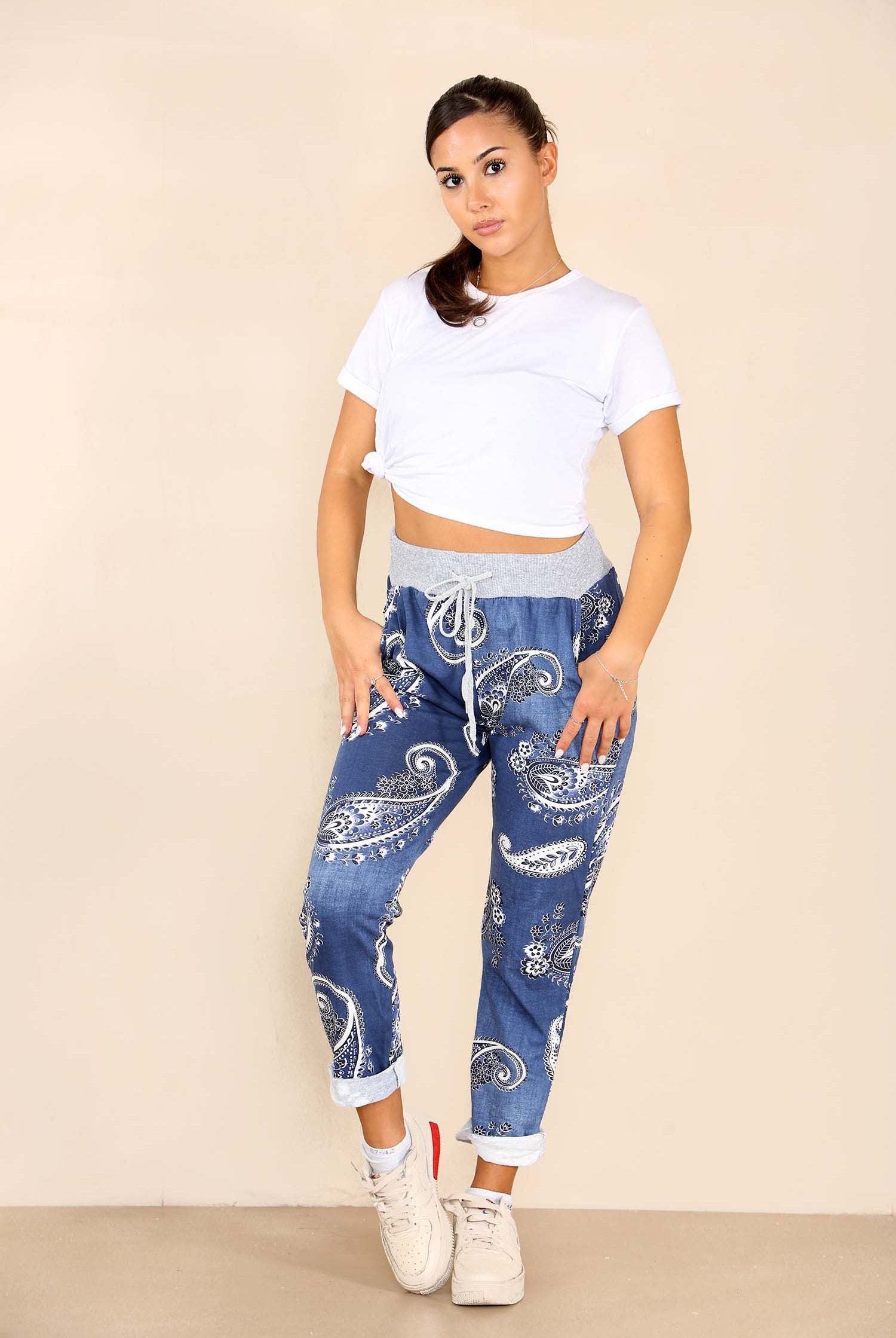 Plus Size Italian Paisley Print Drawstring Cotton Joggers Trouser WearAll Dark Denim 16