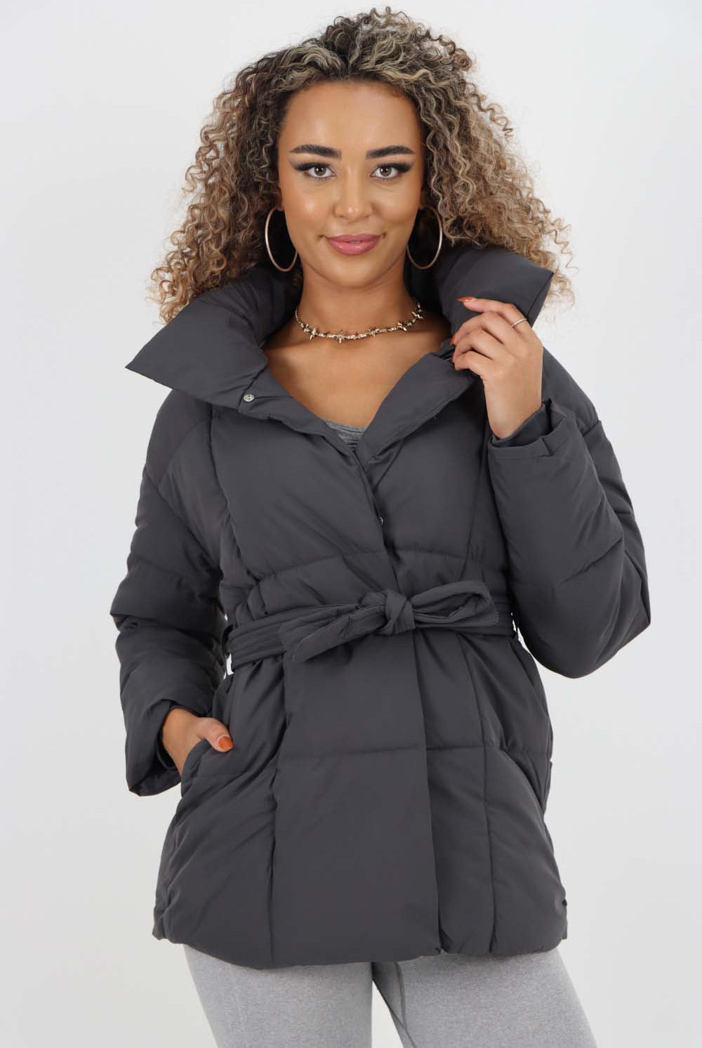 Italian Belted Hooded Jacket Coat Jackets & Coat WearAll Charcoal One Size(Fits UK 8-16)