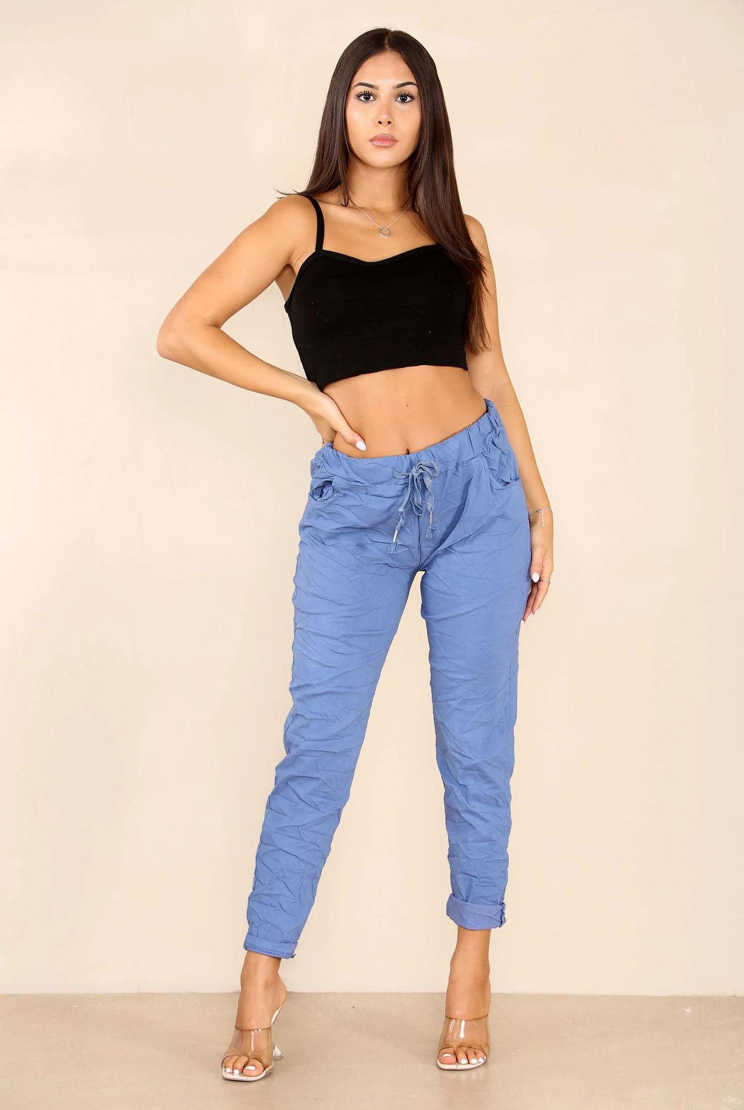 Italian Glitter Drawstring Waistband Magic Pants Trouser WearAll Denim Blue 8