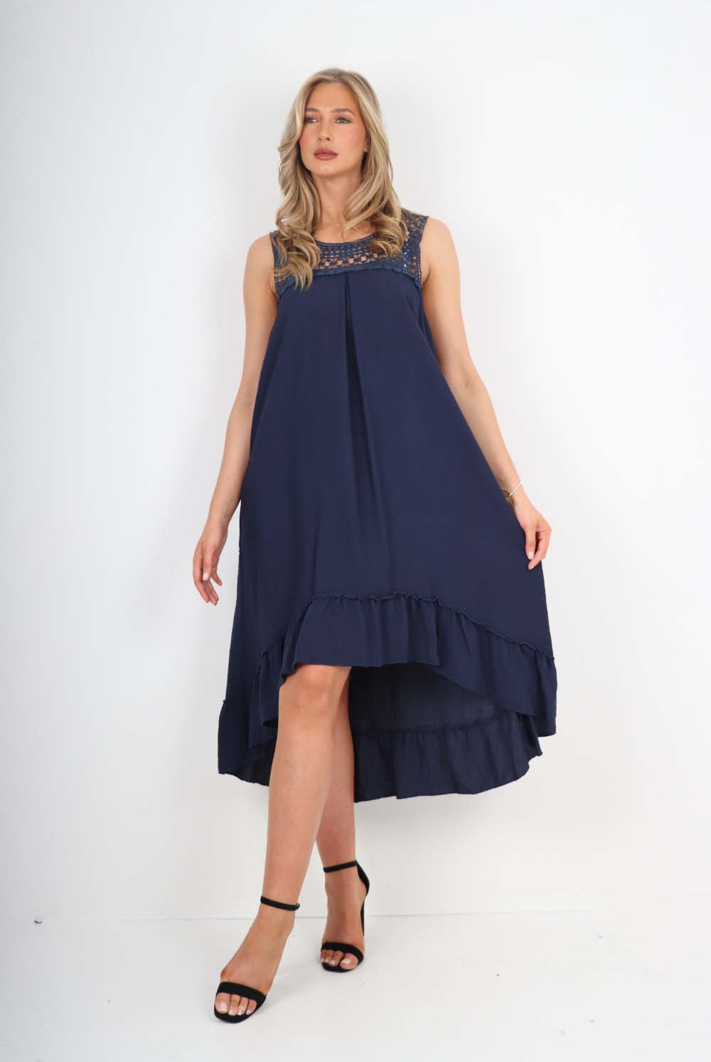 Italian Lace Neckline Dipped Hem Dress Dress WearAll