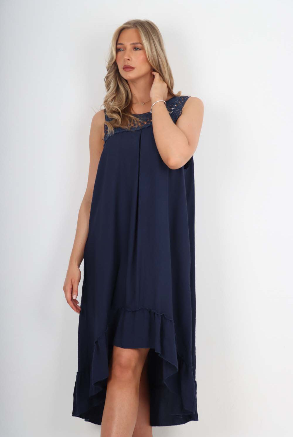 Italian Lace Neckline Dipped Hem Dress Dress WearAll Denim Blue One Size (Fits UK 10-18)