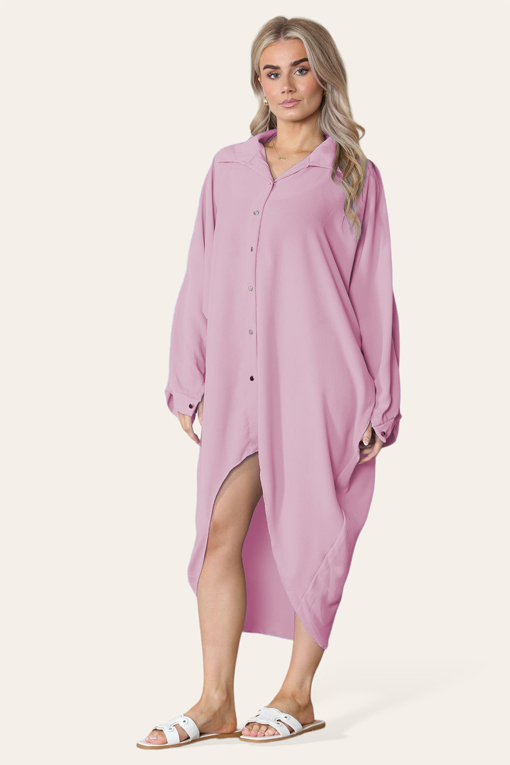 High-Low Oversized Button Long Top Shirt Dress with Hem and Long Sleeves Dress WearAll Dusty Pink One Size UK Fit (14 to 22)