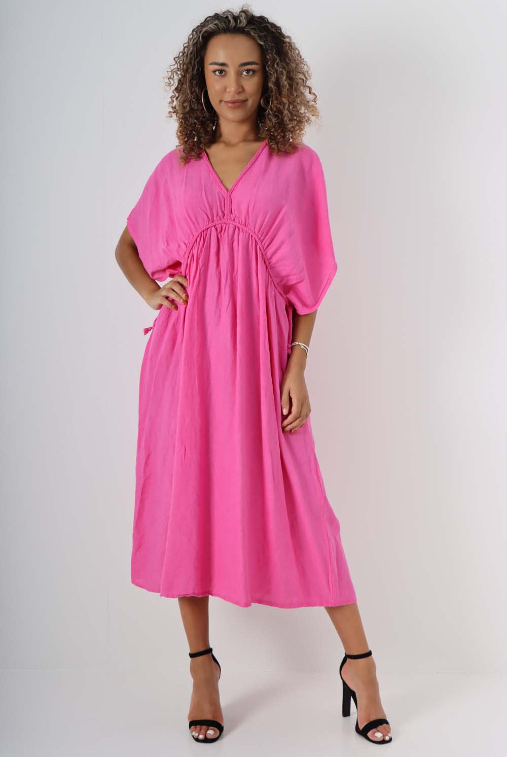 Italian Drawestring Front Flared Linen Dress Dress WearAll Fuchsia One Size (Fits UK 12-22)