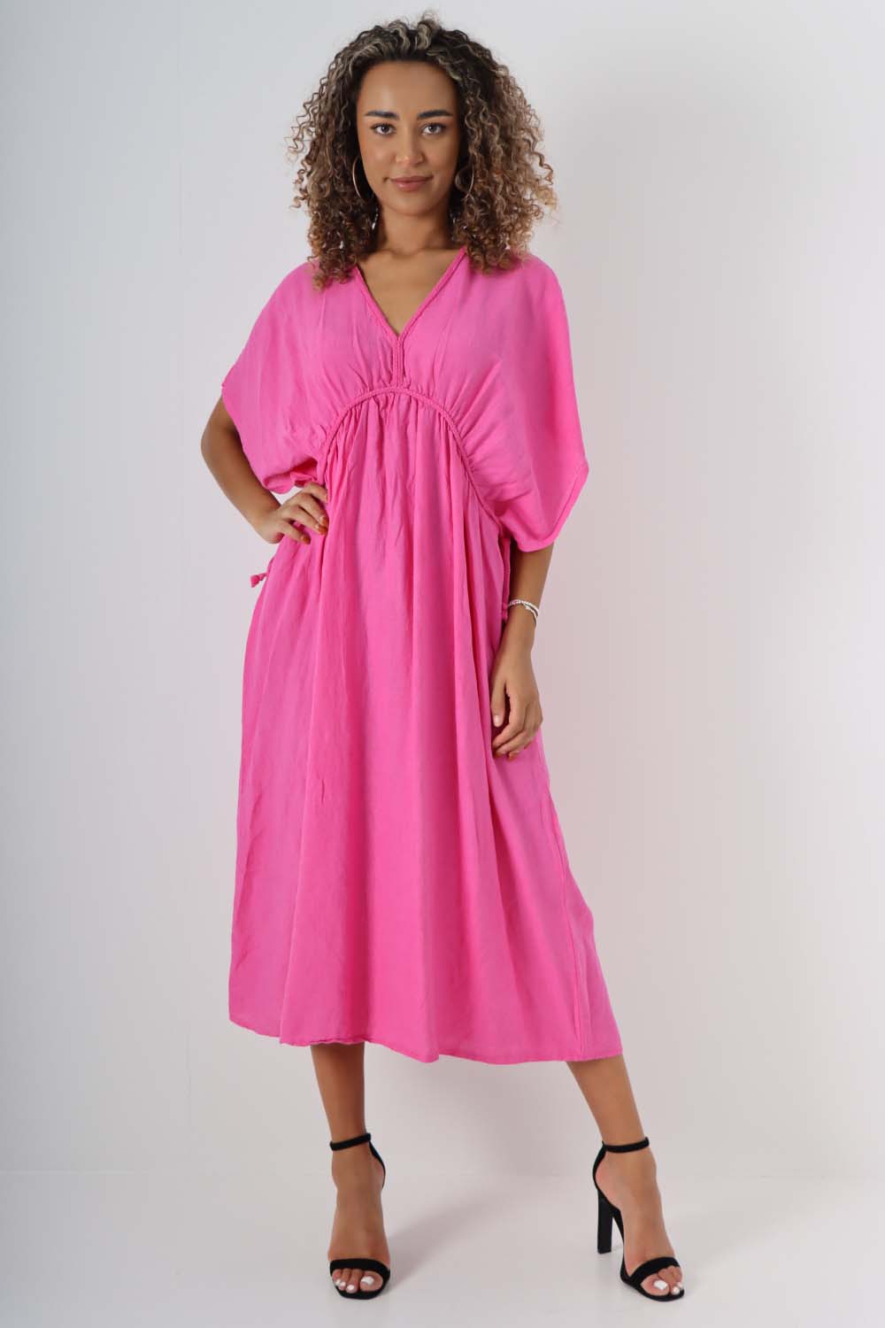 Italian Drawestring Front Flared Linen Dress Dress WearAll Fuchsia One Size (Fits UK 12-22)
