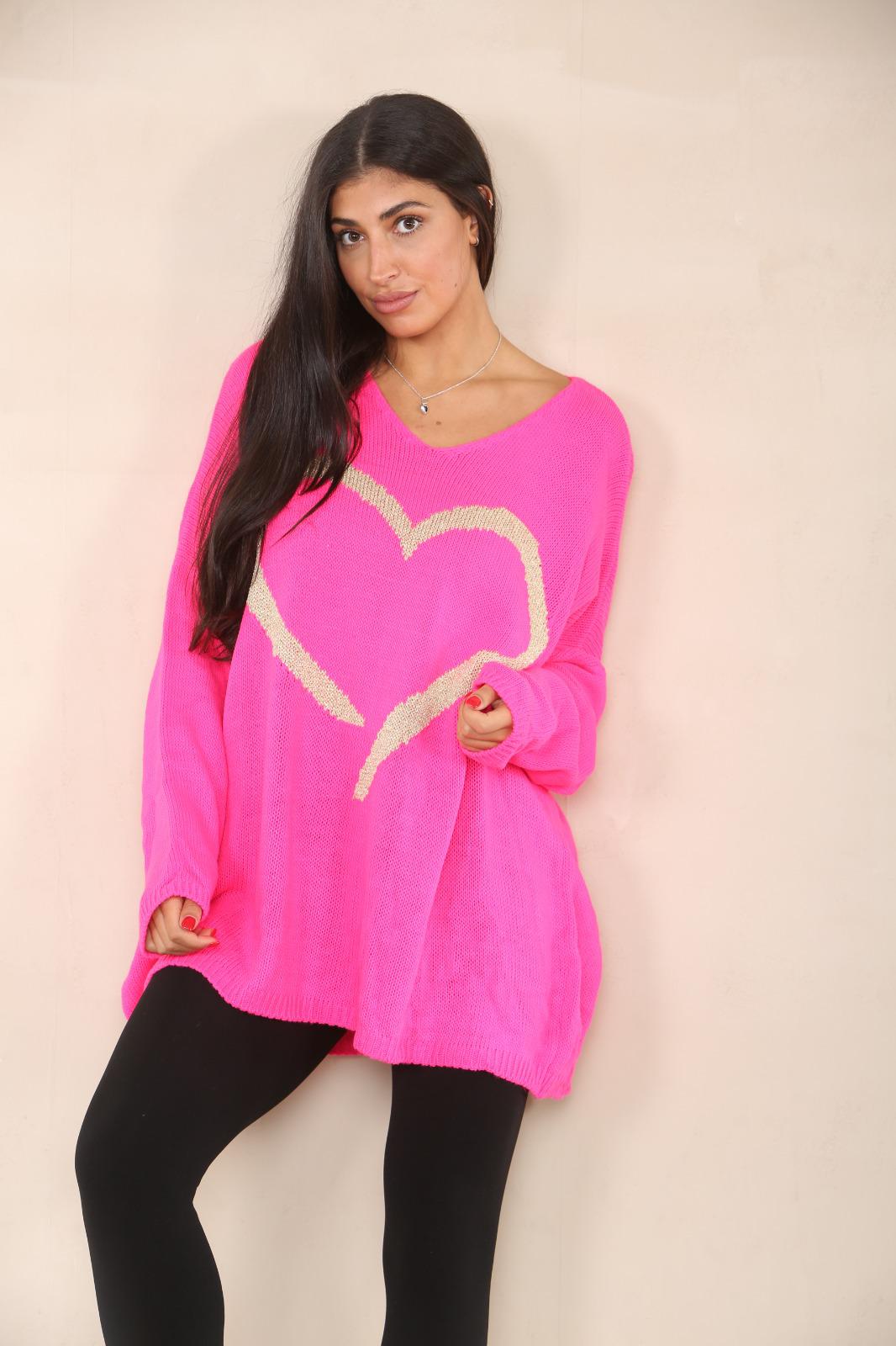 Oversized Heart Print Jumper Top Shirts WearAll Fuchsia 12-24