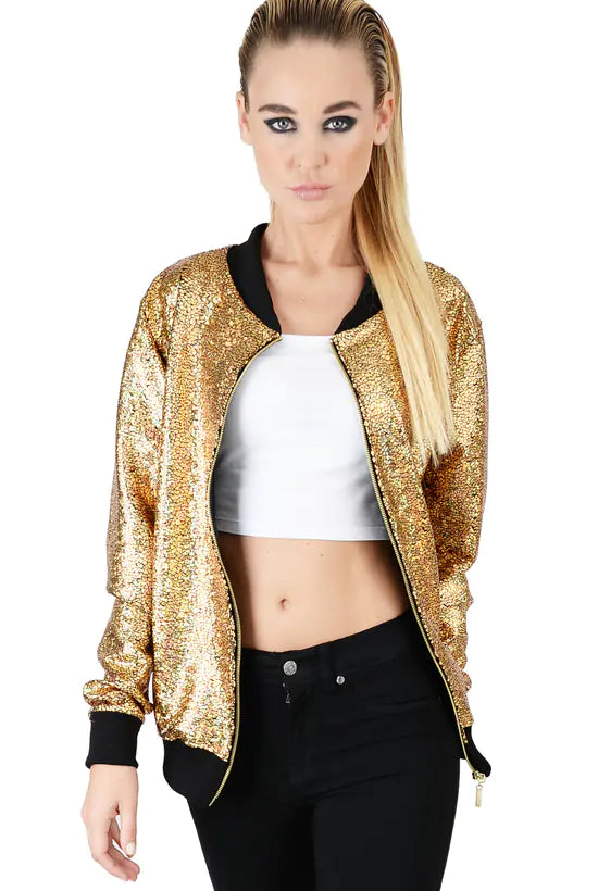 Glitter Mermaid Sequin Bomber Jacket Jacket WearAll Gold 8-16