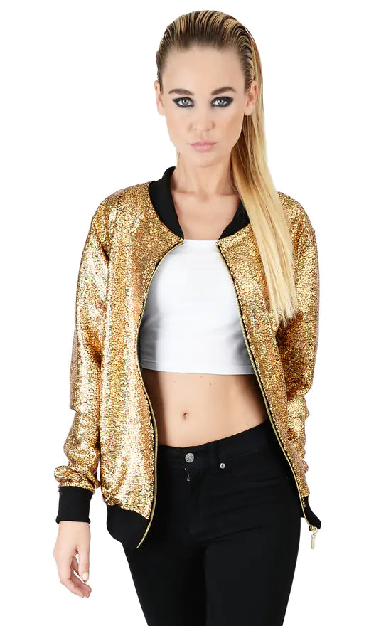 Glitter Mermaid Sequin Bomber Jacket Jacket WearAll Gold 8-16