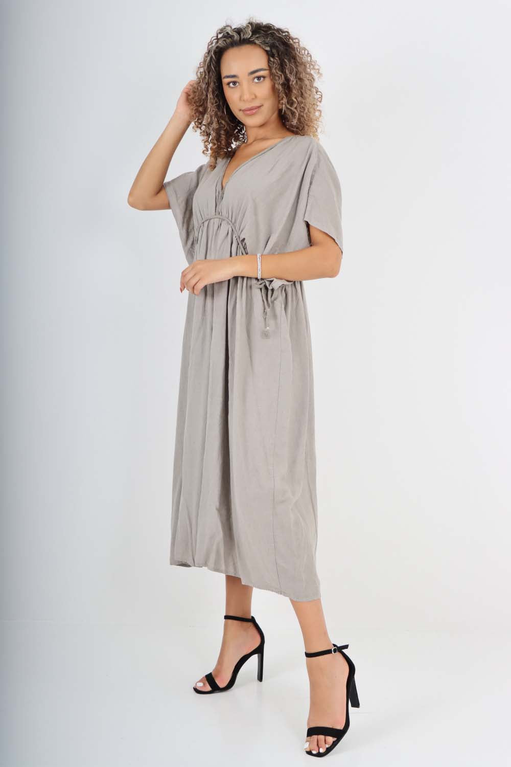 Italian Drawestring Front Flared Linen Dress Dress WearAll