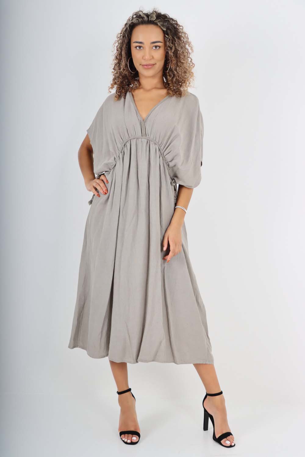 Italian Drawestring Front Flared Linen Dress Dress WearAll Grey One Size (Fits UK 12-22)