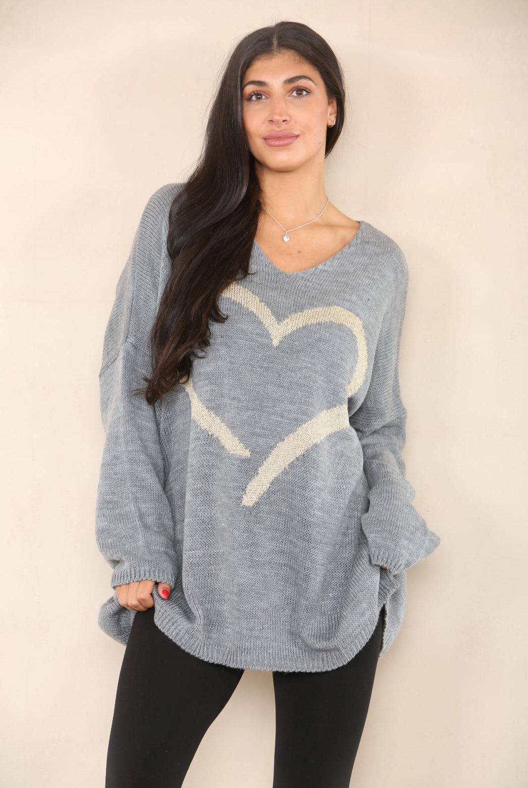 Oversized Heart Print Jumper Top Shirts WearAll Grey 12-24