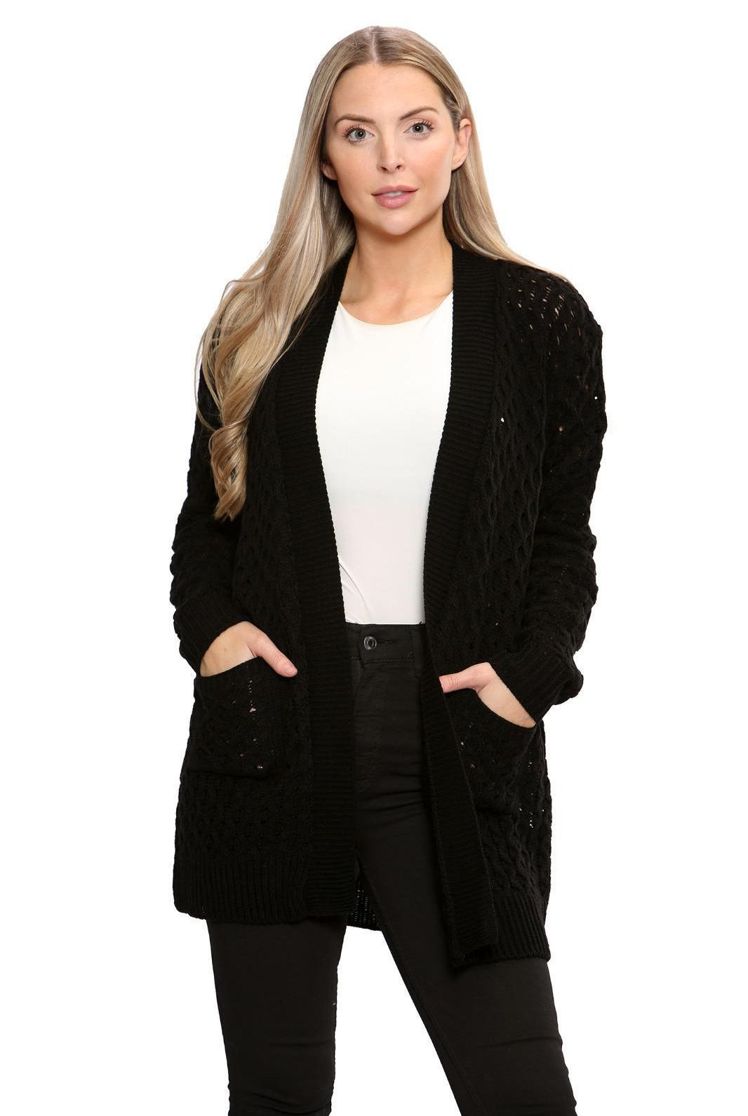 Plus Size Cable Knitted Open Pocket Cardigan Knitted Cardigan WearAll Black 16-18