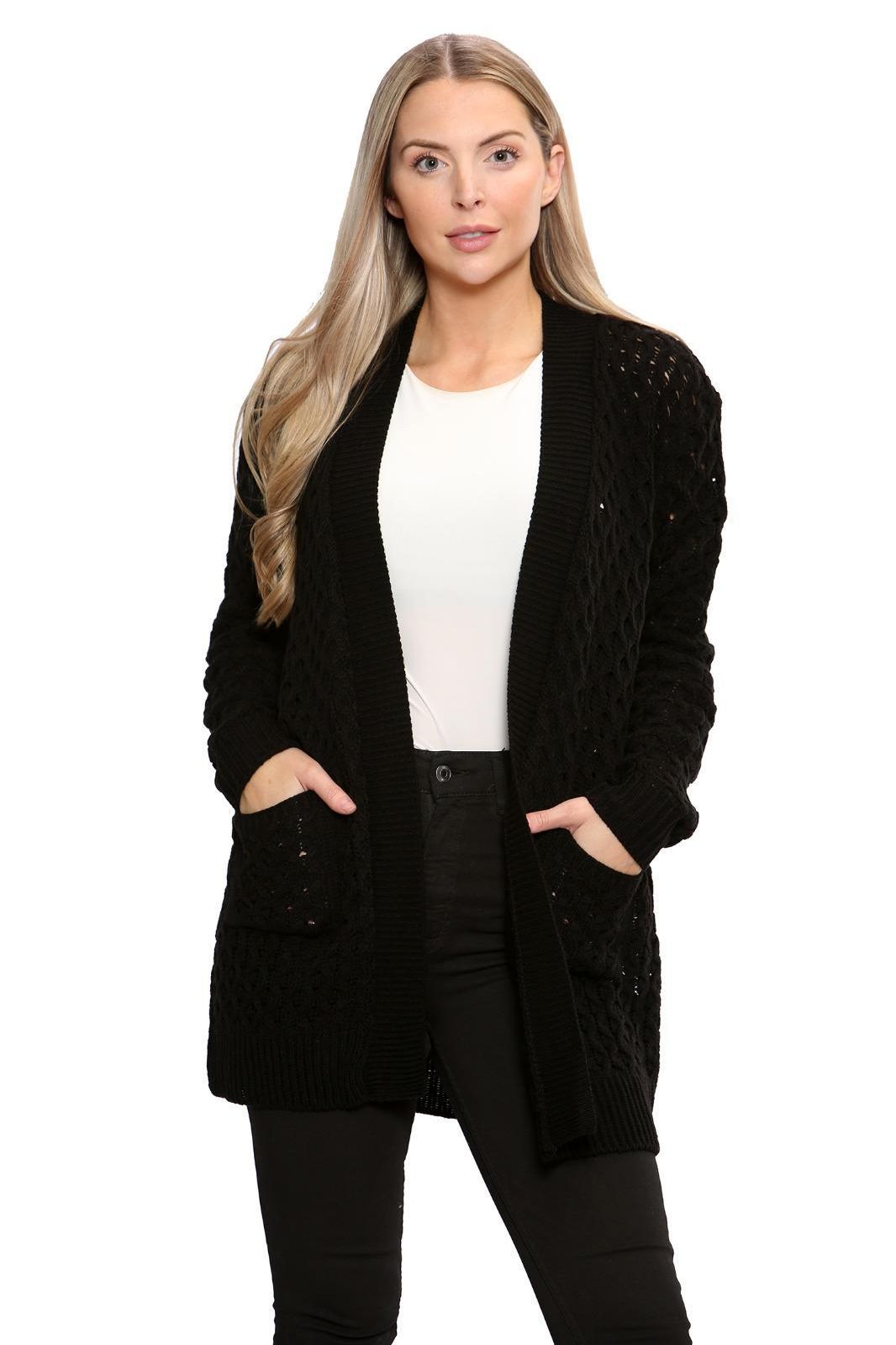 Plus Size Cable Knitted Open Pocket Cardigan Knitted Cardigan WearAll Black 16-18