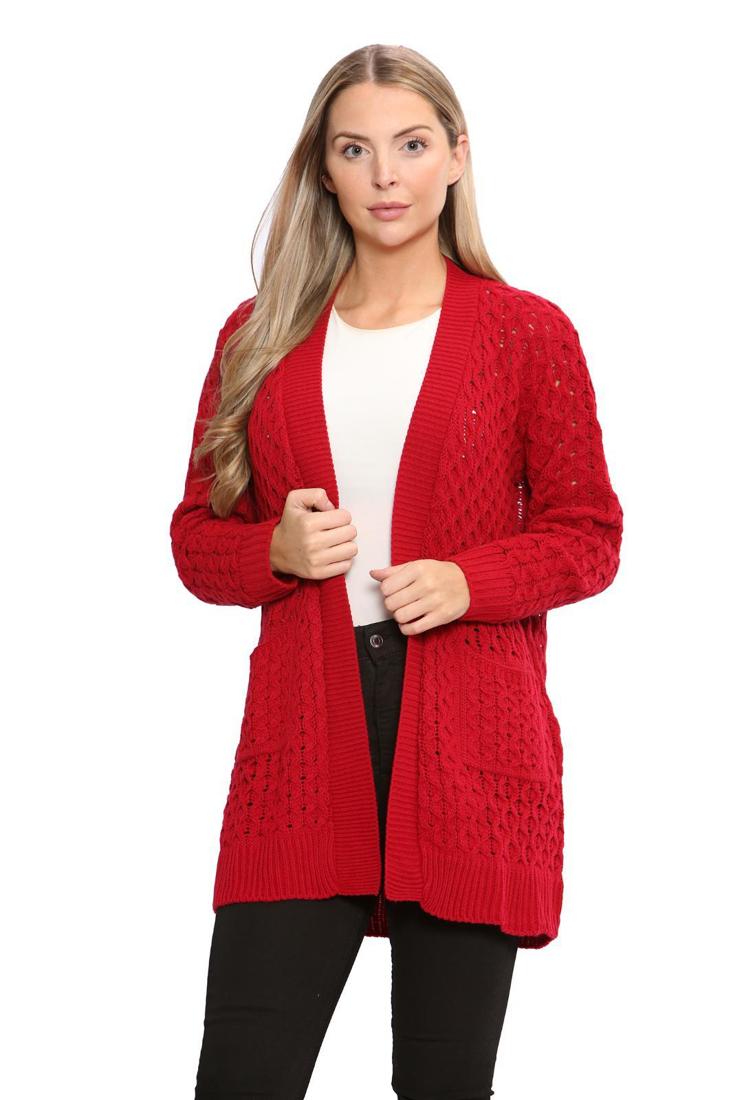 Cable Knitted Open Pocket Cardigan Knitted Cardigan WearAll Red 8-10