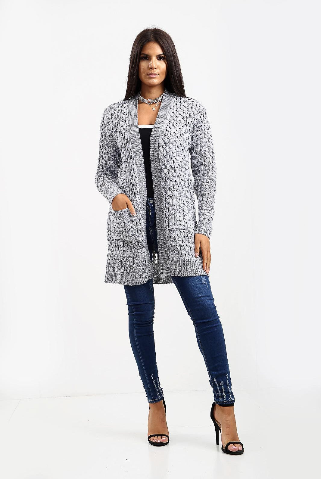 Plus Size Cable Knitted Open Pocket Cardigan Knitted Cardigan WearAll