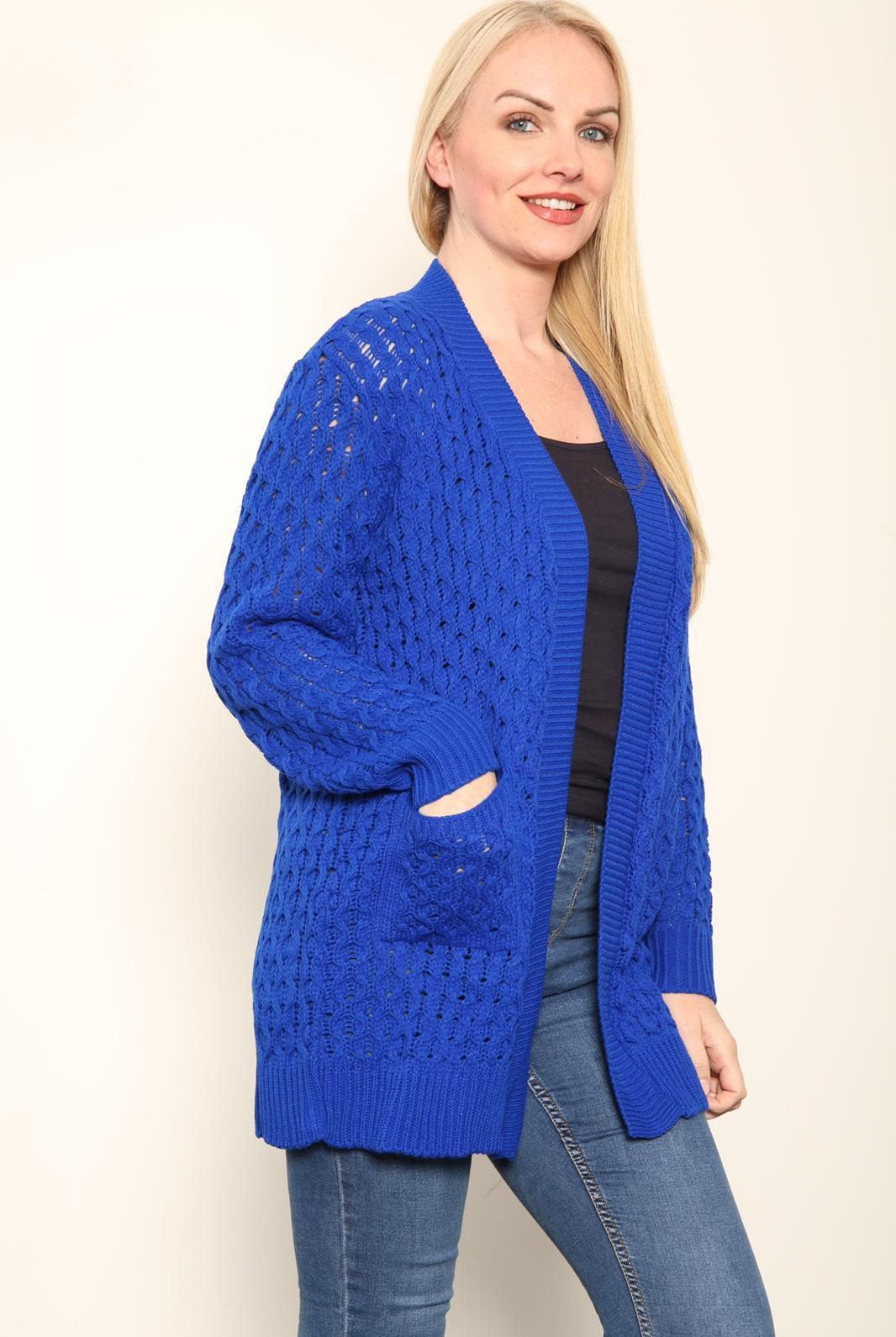 Plus Size Cable Knitted Open Pocket Cardigan Knitted Cardigan WearAll