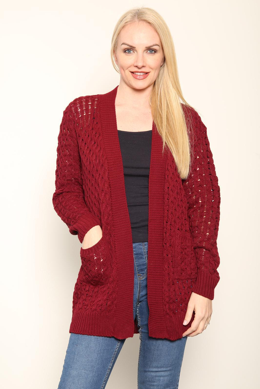 Plus Size Cable Knitted Open Pocket Cardigan Knitted Cardigan WearAll Wine 16-18