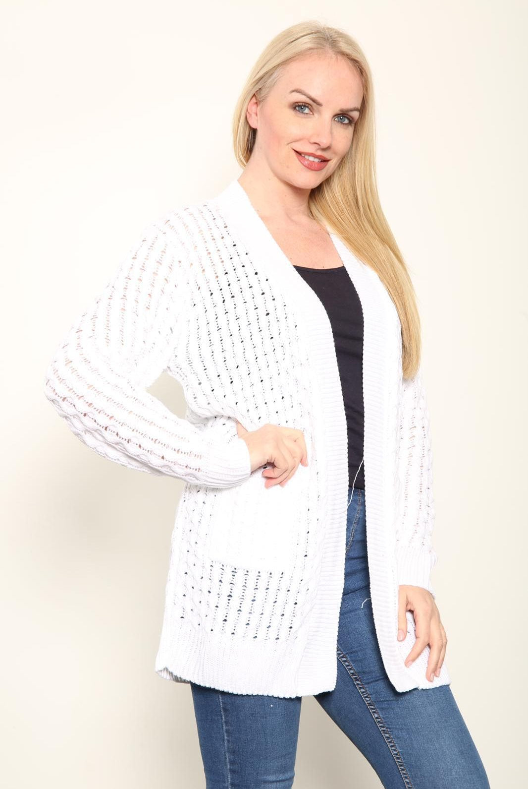 Plus Size Cable Knitted Open Pocket Cardigan Knitted Cardigan WearAll White 16-18