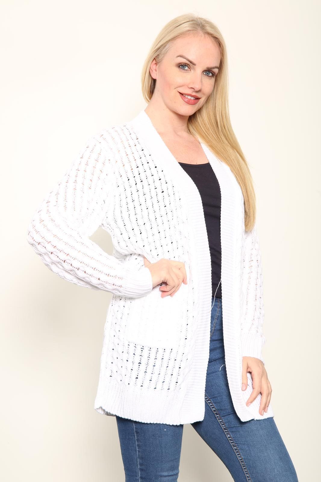 Plus Size Cable Knitted Open Pocket Cardigan Knitted Cardigan WearAll White 16-18