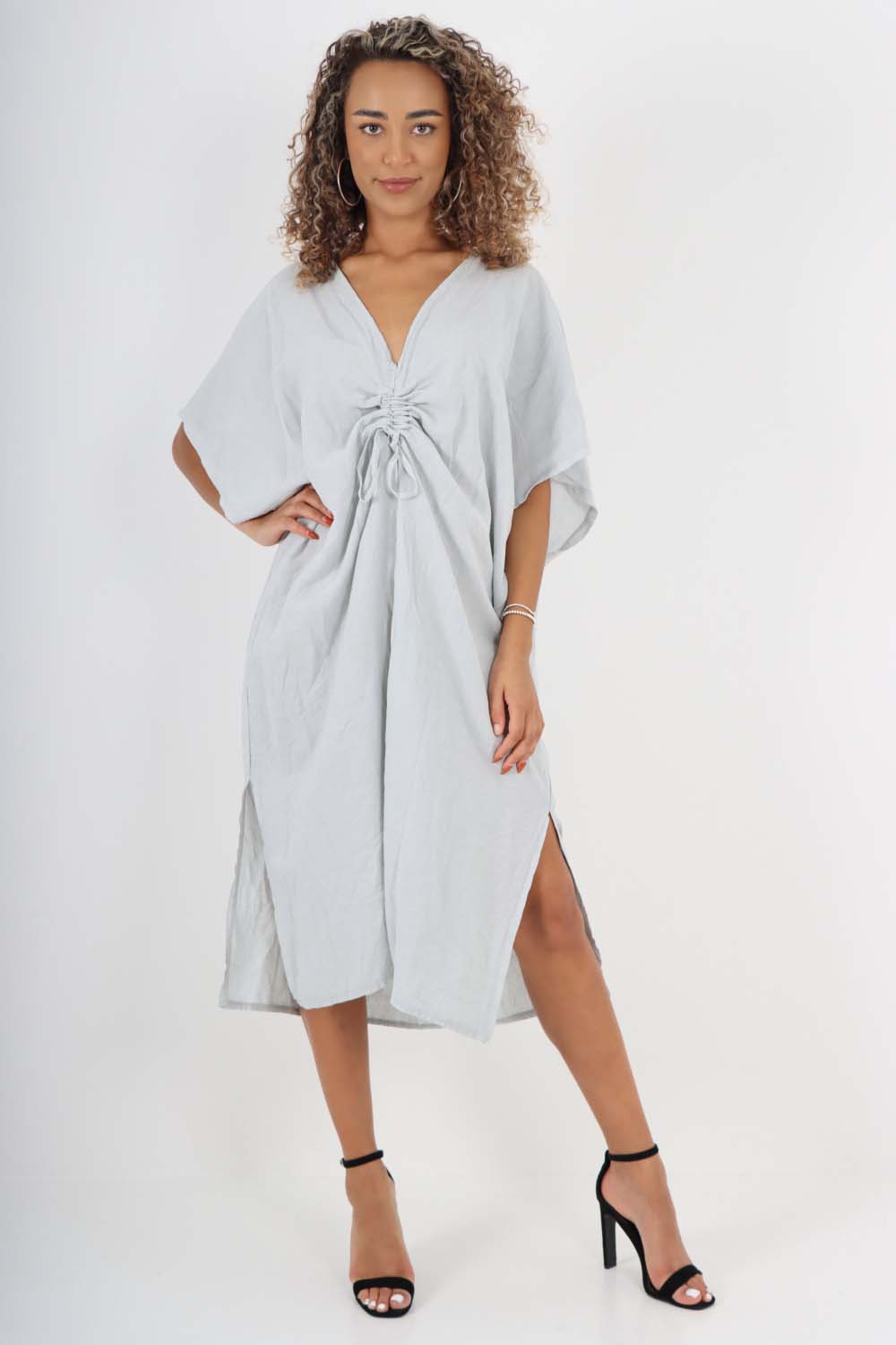 Italian Drawestring Front Side Split Linen Dress Dress WearAll Blue One Size (Fits UK 12-22)