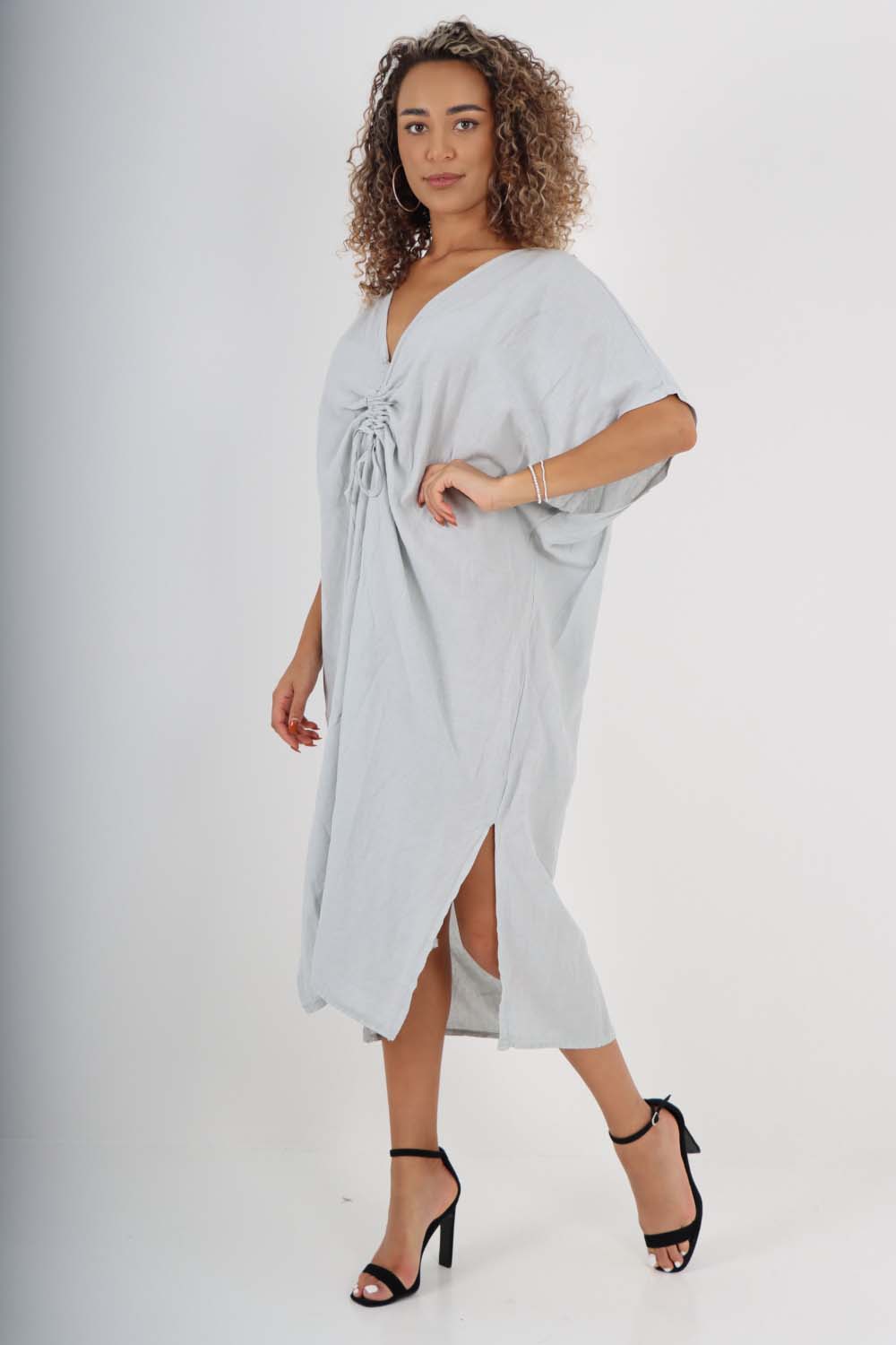 Italian Drawestring Front Side Split Linen Dress Dress WearAll