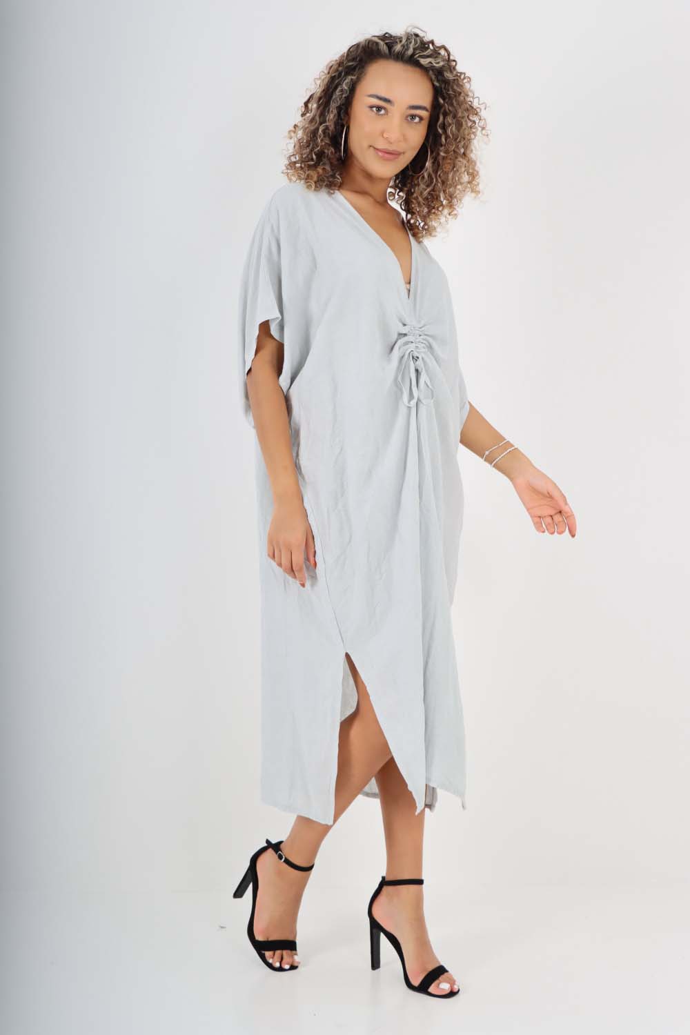Italian Drawestring Front Side Split Linen Dress Dress WearAll