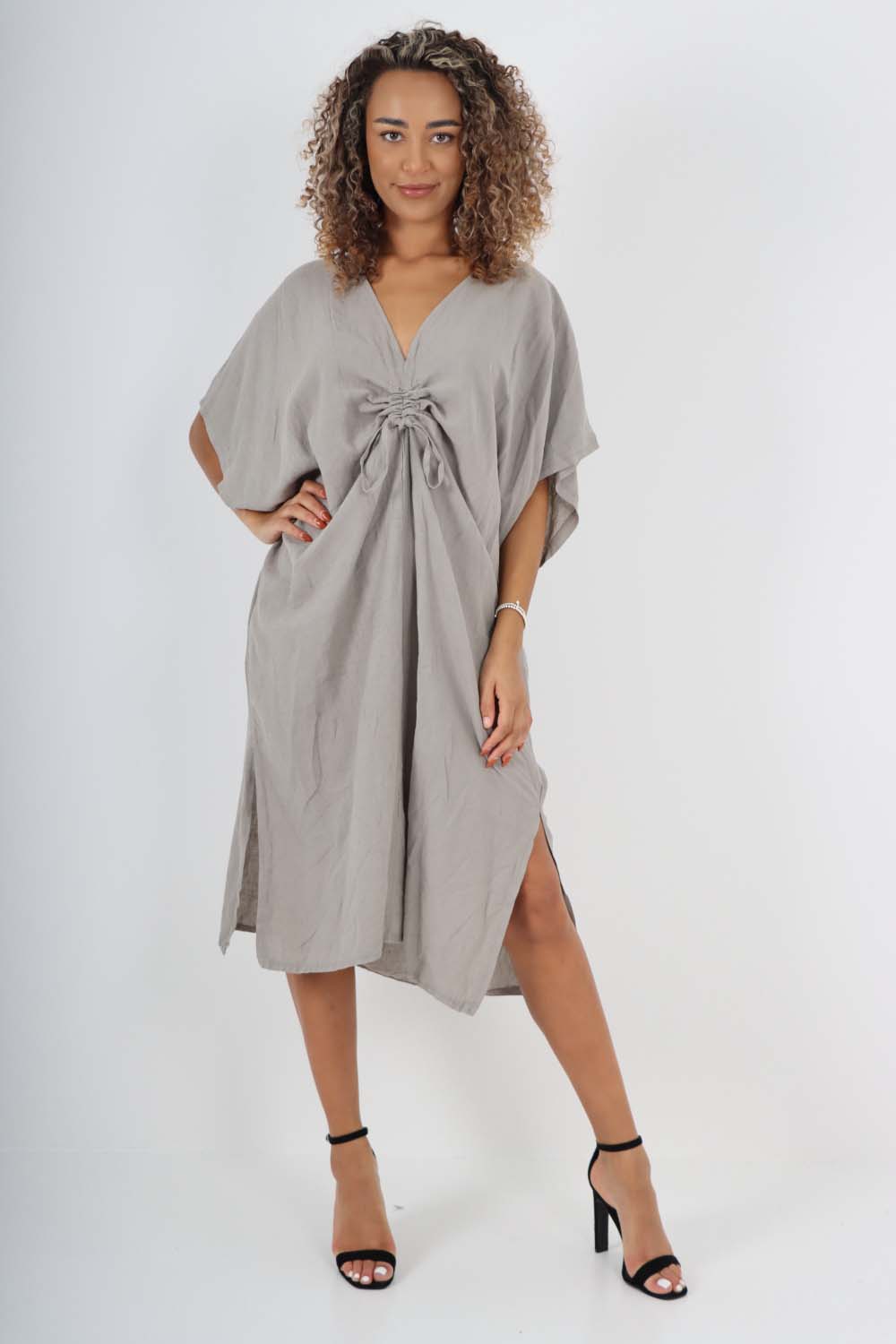 Italian Drawestring Front Side Split Linen Dress Dress WearAll Dark Grey One Size (Fits UK 12-22)