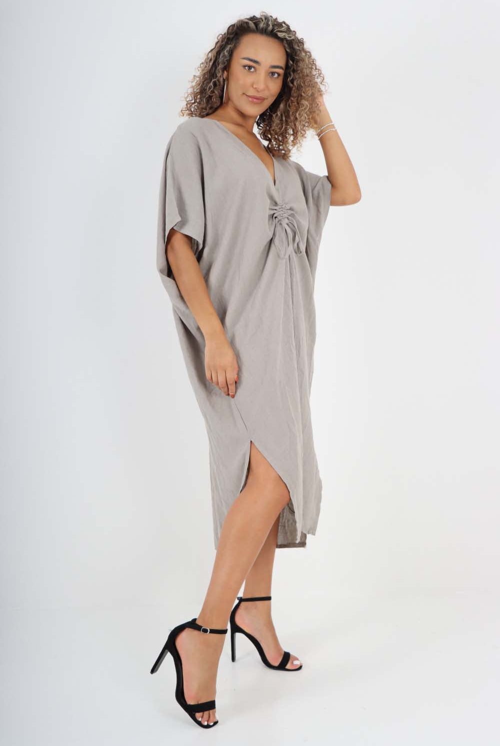 Italian Drawestring Front Side Split Linen Dress Dress WearAll