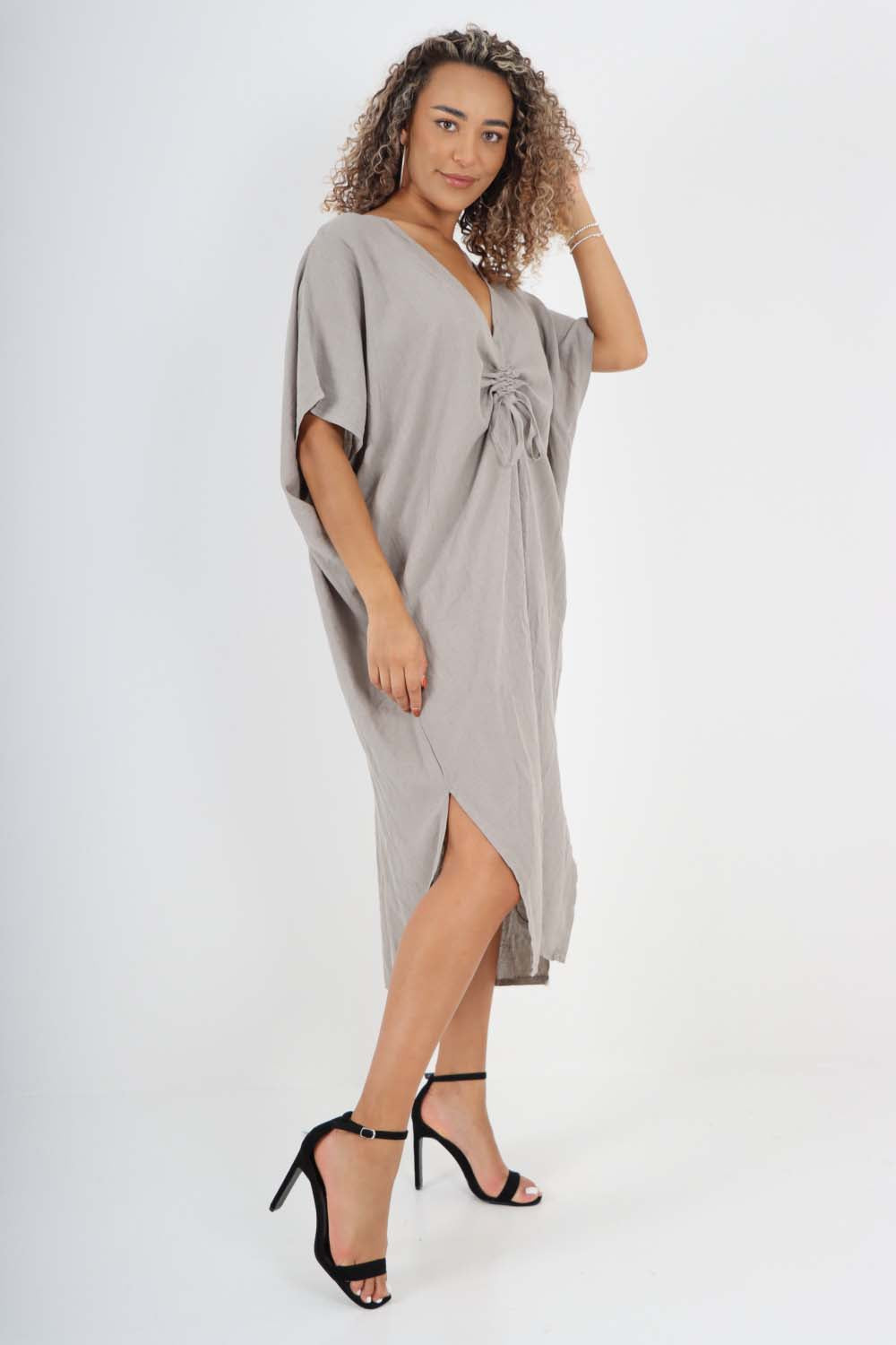 Italian Drawestring Front Side Split Linen Dress Dress WearAll