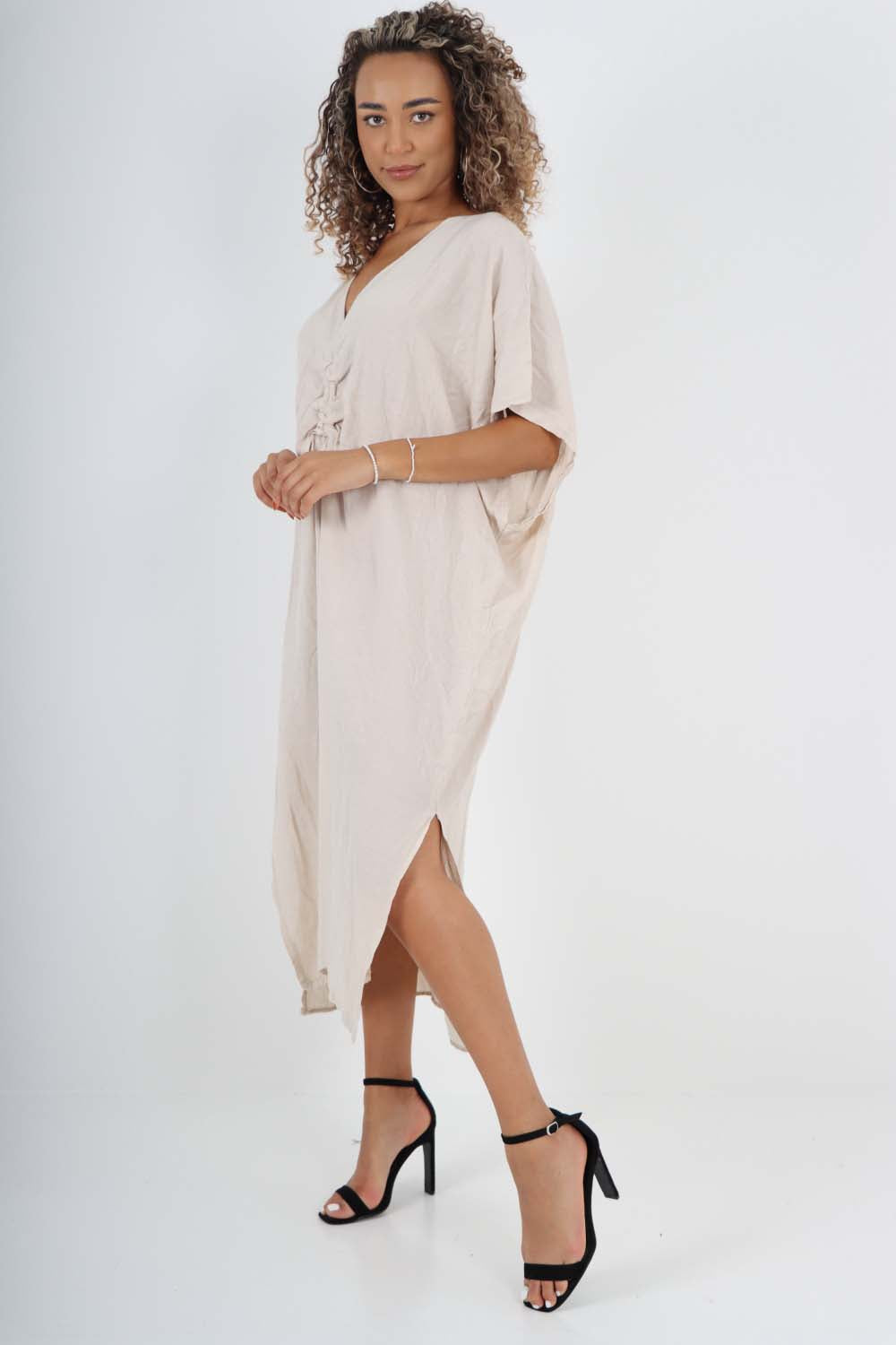 Italian Drawestring Front Side Split Linen Dress Dress WearAll