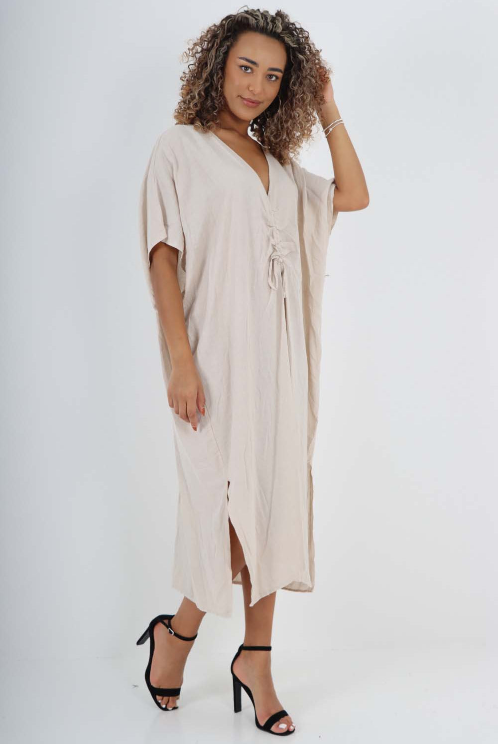 Italian Drawestring Front Side Split Linen Dress Dress WearAll