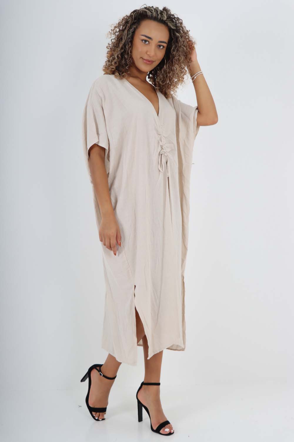 Italian Drawestring Front Side Split Linen Dress Dress WearAll