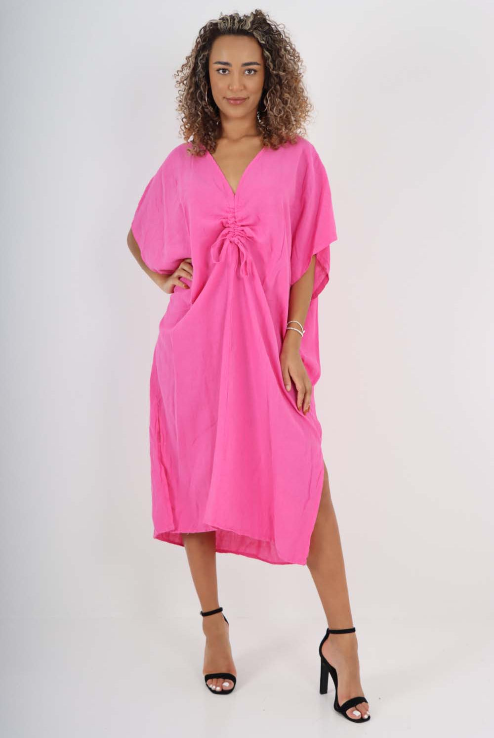 Italian Drawestring Front Side Split Linen Dress Dress WearAll Fuchsia One Size (Fits UK 12-22)